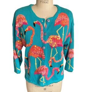 Vintage 90s Jane's Closet Pink Sequin Flamingo on Turquoise Cardigan Size Small